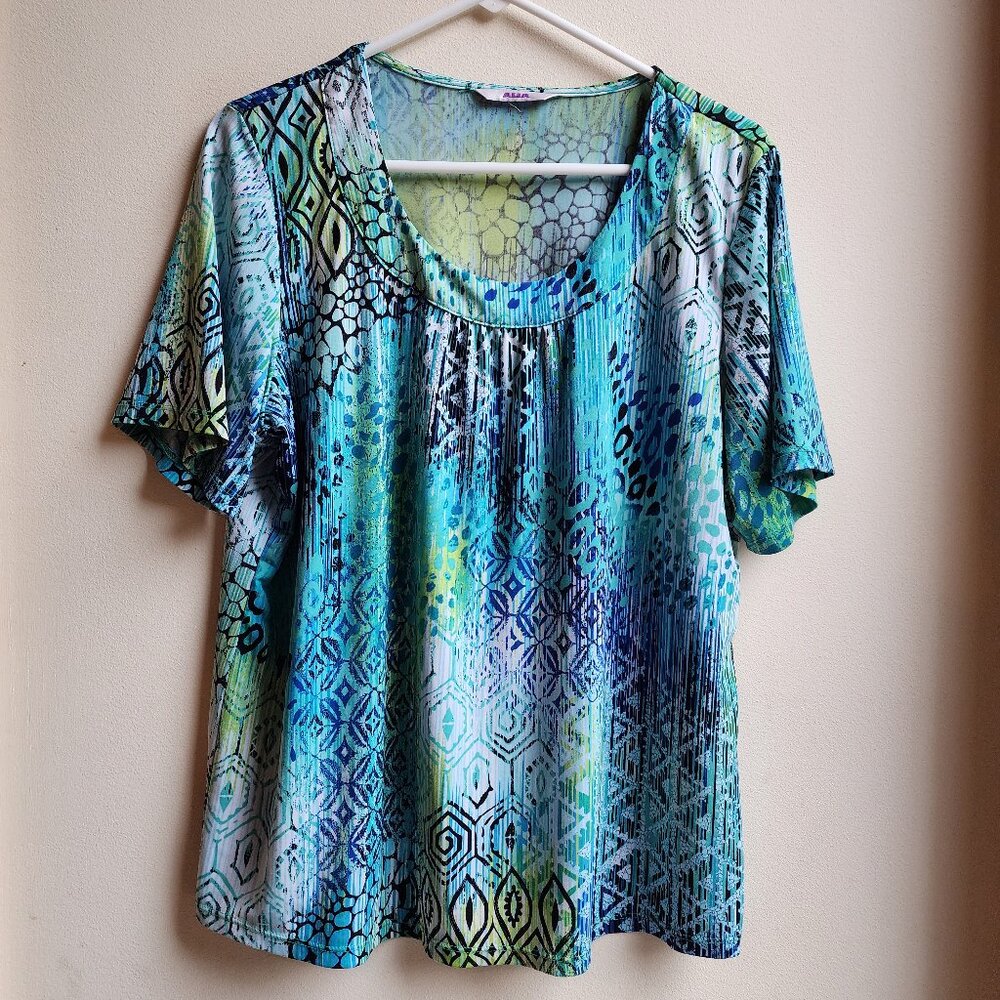 Alia Aqua Abstract Scoop Neck Jersey Size Large